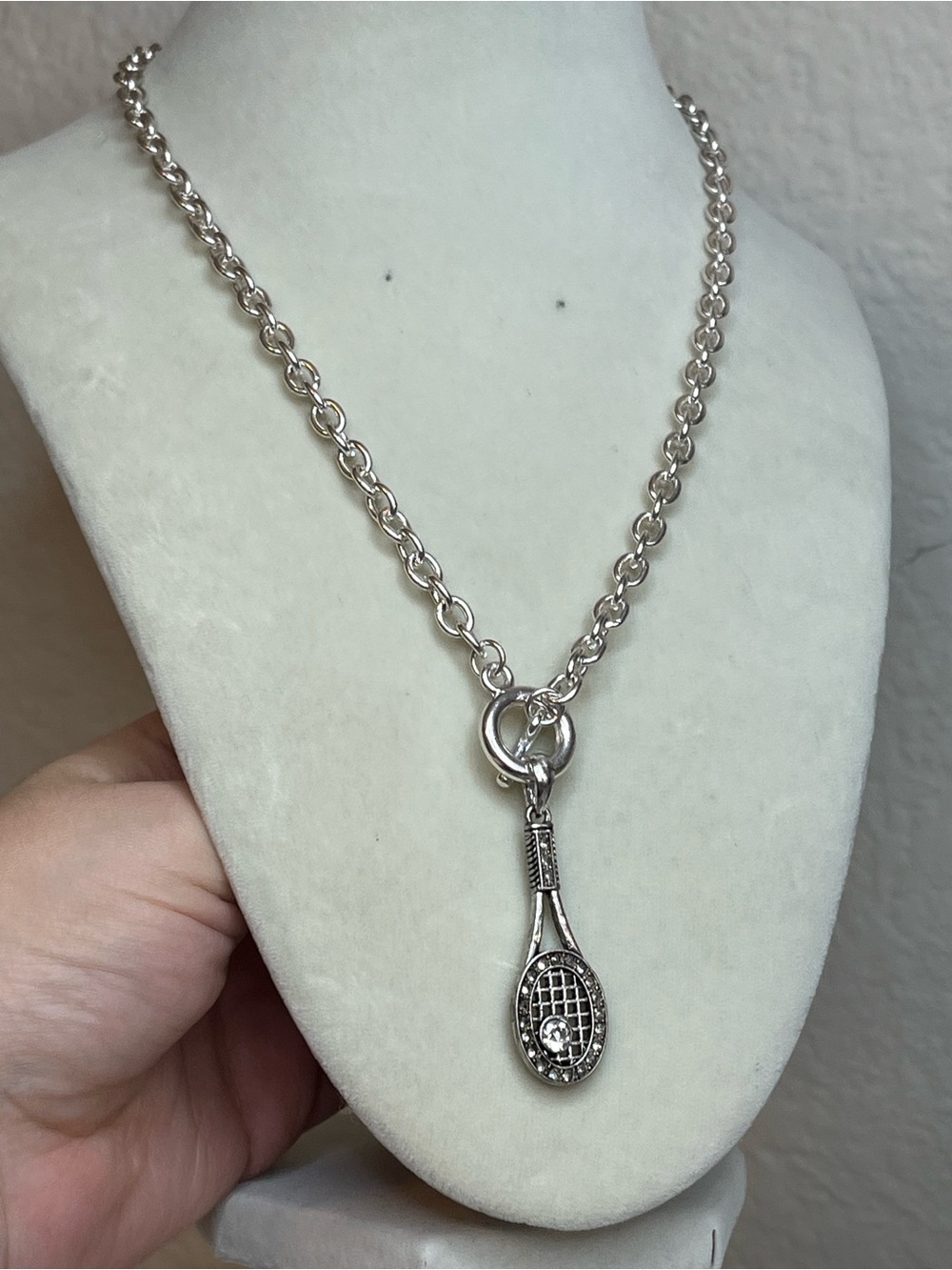 New Pickleball Tennis Racket Charm Necklace Rhinestone Toggle 20”
